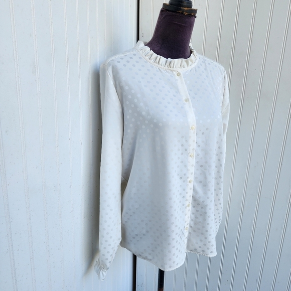 Ann Taylor Polka Dot Long Sleeve Blouse Satin Dots Ivory Off White Ruffle Neck M - Picture 2 of 11